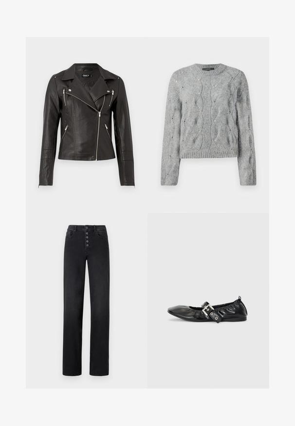 Chaqueta de motocicleta de cuero negro con un diseño ajustado, cremallera frontal asimétrica y tres bolsillos con cremallera. Incluye hombreras en los hombros.; Suéter gris de punto trenzado de manga larga con cuello redondo y puños y dobladillo acanalados, presentado sobre un fondo blanco.; Jeans de mezclilla negra de talle alto con pierna recta, que cuentan con un cierre de cinco botones, bolsillos frontales y una textura suave.; Zapato plano de piel negra con puntera afilada, detalle fruncido alrededor de la abertura y un acento de hebilla plateada en la correa ajustable.