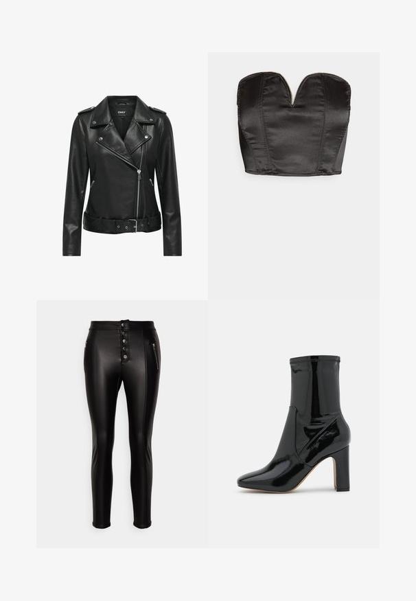 Chaqueta de cuero negro estilo bikero con herrajes plateados, cierre de cremallera, cuello con muesca y cintura ceñida con cinturón. Presenta mangas largas y un acabado texturizado.; Vero Moda VMSALLY CROPPED SIMILI CORSAGE - Top - black; ONLY Petite ONLSIGGA BUT - Pantalones - black; Call it Spring Botines - black