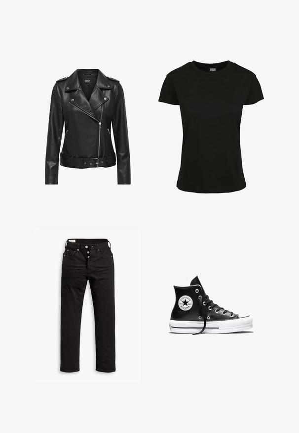 Chaqueta de cuero negro estilo bikero con herrajes plateados, cierre de cremallera, cuello con muesca y cintura ceñida con cinturón. Presenta mangas largas y un acabado texturizado.; Camiseta negra de manga corta hecha de algodón. Tiene un cuello redondo y un ajuste estándar con una textura suave. Sin patrones ni acentos visibles.; Vaqueros negros de pierna recta con cierre de botón, bolsillos delanteros y traseros, y detalles de remaches de cobre sobre un fondo blanco.; Zapatilla Converse Chuck Taylor All Star negra de caña alta con suela de goma blanca y parche con el logo en el tobillo, mostrada sobre un fondo blanco.