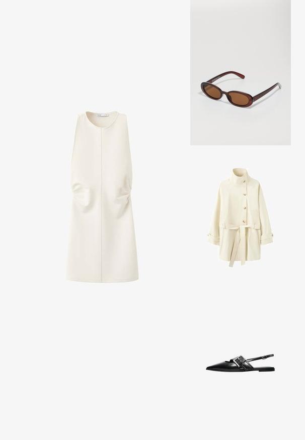 Manteau boutonné couleur crème avec col montant, ceinture à la taille et poignets boutonnés, présenté sur un fond blanc.; Robe sans manches ivoire avec un col rond, des détails froncés subtils sur les côtés et une coupe droite à hauteur des genoux.; Chaussure plate à bout pointu en cuir noir avec une large bride à boucle et une fine bride de cheville réglable.; Lunettes de soleil rondes teinte brun avec une monture bordeaux brillante. Branches fines avec un détail de marque subtil. Design de verres plats.