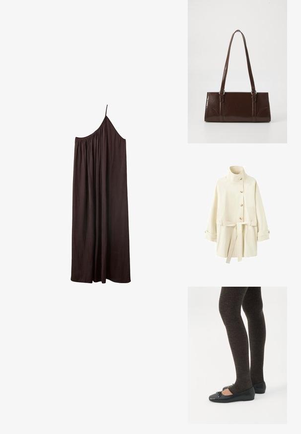 Manteau boutonné couleur crème avec col montant, ceinture à la taille et poignets boutonnés, présenté sur un fond blanc.; Robe longue asymétrique marron foncé avec une fine bretelle et un tissu froncé au niveau de l'encolure sur fond blanc.; Jambes portant des leggings côtelés foncés associés à des ballerines noires avec de petits détails en nœud sur fond blanc.; Sac à main en cuir verni marron de forme rectangulaire, avec deux longues poignées et des accents courbés subtils à l'avant.