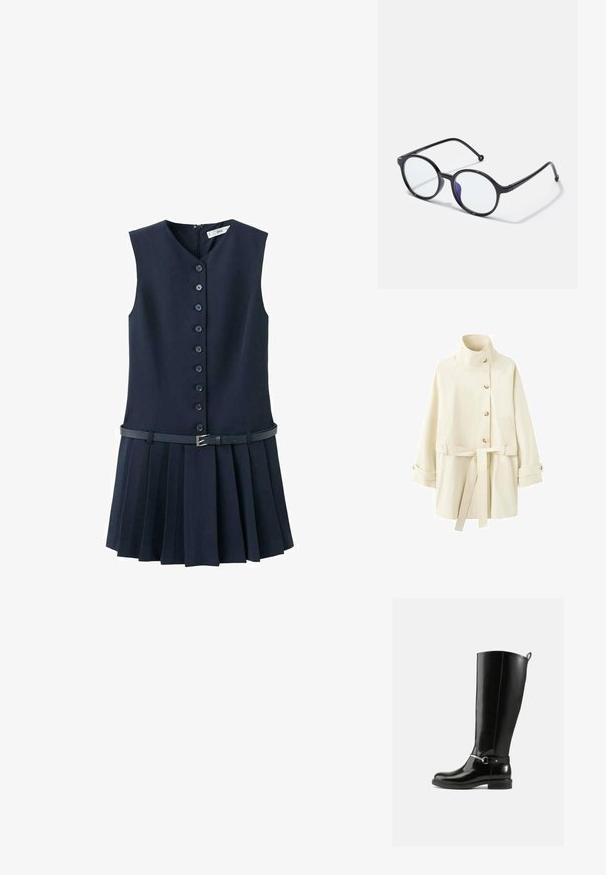 Manteau boutonné couleur crème avec col montant, ceinture à la taille et poignets boutonnés, présenté sur un fond blanc.; Robe sans manches bleu marine avec un col en V, une fermeture à boutons sur le devant, une jupe plissée et une ceinture assortie avec une boucle argentée.; Bottes noires montantes en cuir verni, avec un détail de boucle argentée à la cheville et une conception à bout arrondi. Semelle plate.; Lunettes noires rondes avec des montures fines, verres transparents et une légère teinte violette d'un côté ; design épuré avec une finition polie.