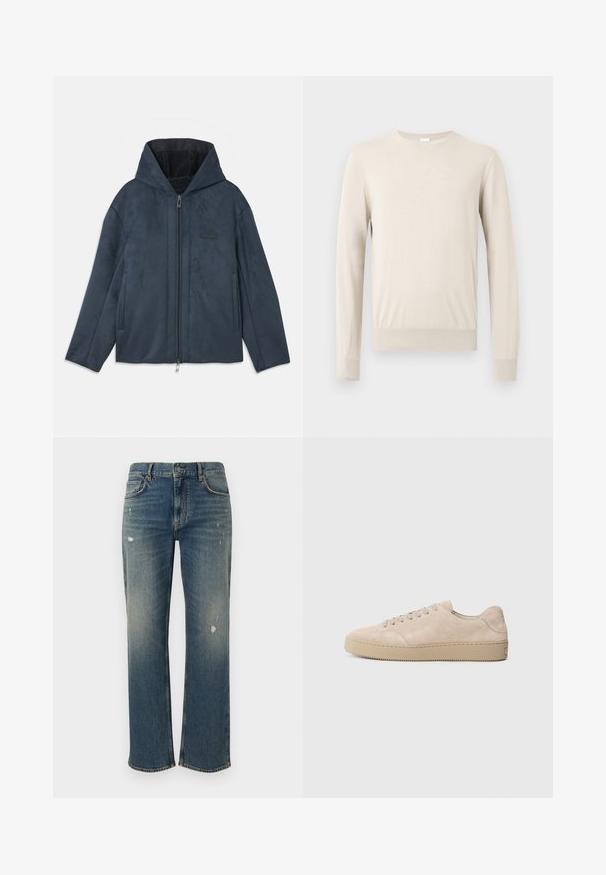 Donkerblauwe capuchonjack gemaakt van zacht, suede-achtig materiaal, met een ritssluiting aan de voorkant, zijzakken en een zachte binnenvoering.; Beige trui met lange mouwen en ronde hals, voorzien van geribbelde manchetten en zoom, getoond tegen een effen lichte achtergrond.; Spijkerbroeken in medium blauw met een rechte snit, met lichte vervaging en versleten stukken. Klassiek vijf-pocket ontwerp en sluiting met bovenste knoop.; Beige suede sneaker met een ronde neus, platte veters en een gestructureerde rubberen zool. Minimalistisch ontwerp met gladde randen en subtiele stiksels.