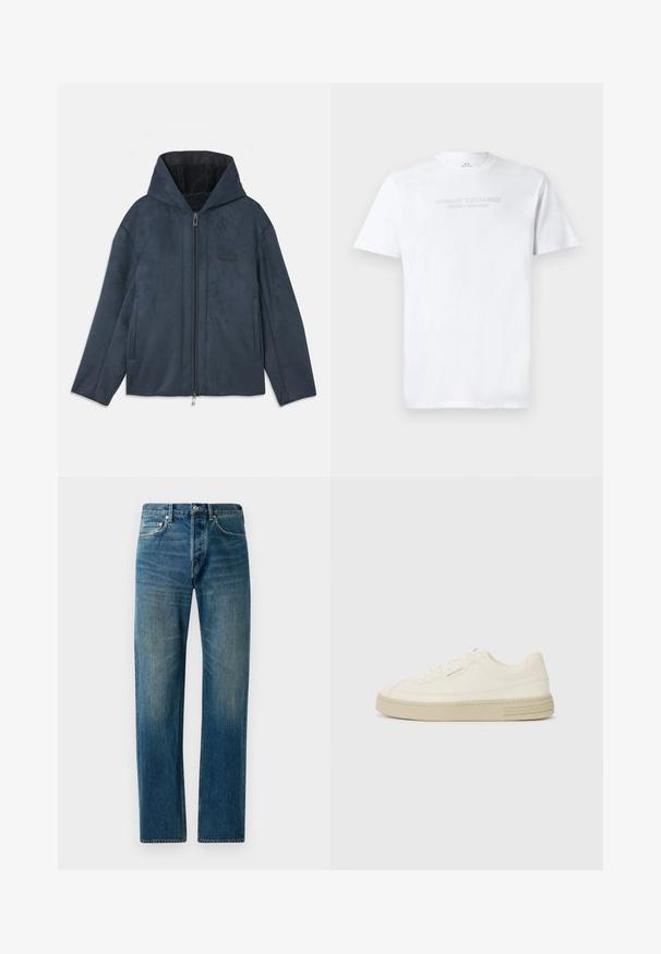 Donkerblauwe capuchonjack gemaakt van zacht, suede-achtig materiaal, met een ritssluiting aan de voorkant, zijzakken en een zachte binnenvoering.; Witte katoenen t-shirt met een ronde hals, korte mouwen en een reliëflogo "ARMANI EXCHANGE MILANO/NEW YORK" op de voorkant.; Blauwe denim jeans met een recht gesneden ontwerp, voorzien van een vijf-pocketstijl, subtiele vervaging en contrasterende stikselaccenten.; Witte canvas sneakers met een gestructureerde rubberen zool, featuring een gestikte neuskap en logo-accent op de hak. Eenvoudig vetersluiting ontwerp.