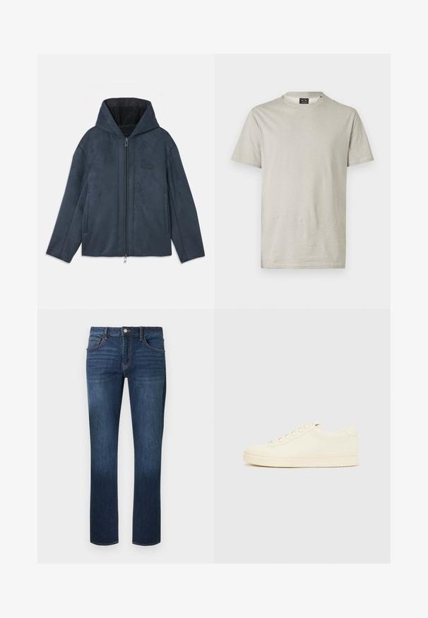 Donkerblauwe capuchonjack gemaakt van zacht, suede-achtig materiaal, met een ritssluiting aan de voorkant, zijzakken en een zachte binnenvoering.; Lichtgrijs t-shirt met korte mouwen, een honingraatstructuur en een ronde hals. Label zichtbaar bij de hals.; Donkerblauwe spijkerbroek met rechte pijpen, een ontwerp met vijf zakken en een knoopsluiting aan de voorkant, met subtiele vervaging op de dijen.; Slofkleurige sneaker met een glad leren bovenwerk, ronde neus, vetersluiting en een geribbelde rubberen zool. Minimalistisch ontwerp, zonder logo's.