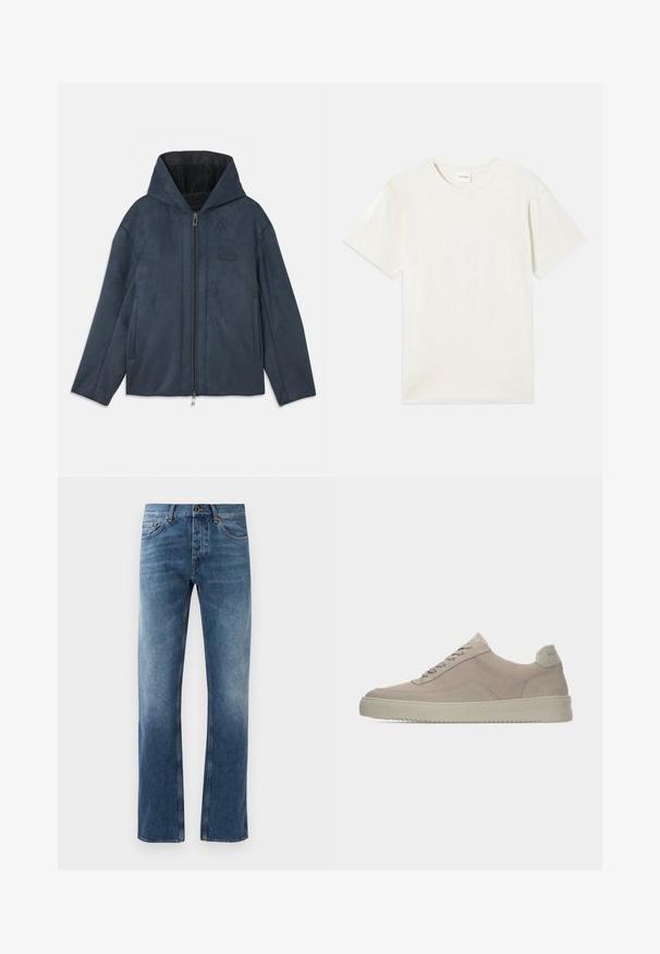 Veste à capuche bleu foncé en matériau doux imitant le daim, avec une fermeture éclair sur le devant, des poches latérales et une doublure intérieure en peluche.; T-shirt à manches courtes, col rond en beige clair, texture en coton doux avec une coupe décontractée et sans motifs ni accents visibles.; Jean en denim bleu avec une coupe droite, délavé, cinq poches et coutures contrastées. Fermeture à bouton et zip à la taille.; Baskets en daim beige avec une finition texturée, un bout arrondi et des lacets ton sur ton. Elles présentent une semelle en caoutchouc épaisse et un branding discret sur le talon.