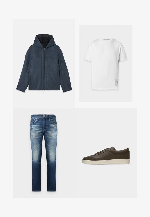 Chaqueta con capucha de color azul oscuro hecha de un material suave similar al ante, con cierre de cremallera en el frente, bolsillos laterales y un forro interior de peluche.; Camiseta blanca lisa de manga corta con escote redondo y una pequeña etiqueta rectangular con texto de la marca cerca del dobladillo inferior en el lado derecho.; Vaqueros de mezclilla azul con detalles descoloridos en muslos y rodillas, estilo clásico de cinco bolsillos y corte de pierna recta.; Zapatilla deportiva de cuero marrón oscuro, de corte bajo, con cierre de cordones y suela de goma color crema, vista desde el lado exterior sobre fondo blanco.
