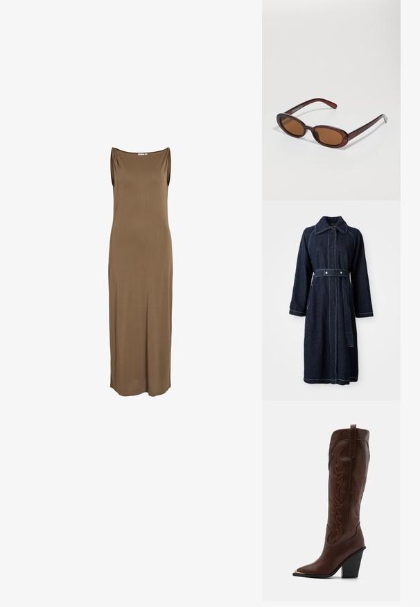 Manteau en denim foncé avec un col, des manches longues et une taille ceinturée. Comprend des coutures blanches contrastantes et des poches latérales.; Robe marron sans manches, longue jusqu'au sol, avec un décolleté droit et un tissu lisse et ajusté.; RAID RIMSKY - Bottes à talons hauts - brown; Lunettes de soleil rondes teinte brun avec une monture bordeaux brillante. Branches fines avec un détail de marque subtil. Design de verres plats.