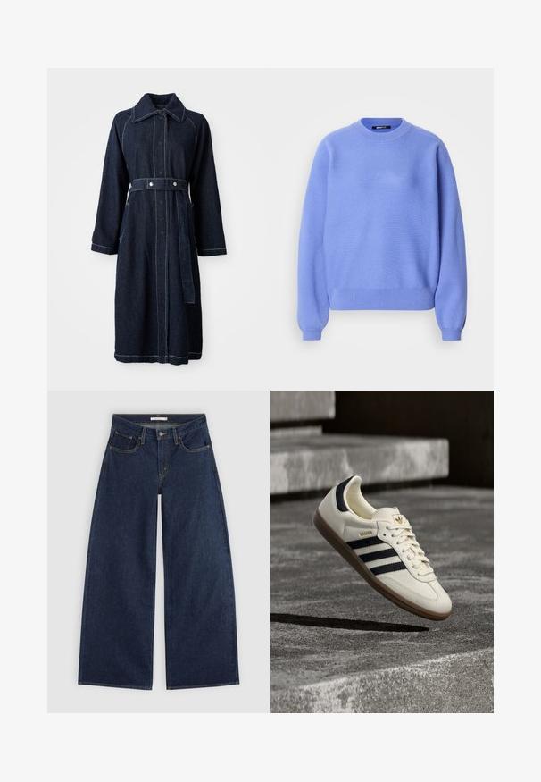 Dunkelblauer Jeansmantel mit Kragen, langen Ärmeln und tailliertem Schnitt. Mit kontrastierender weißer Naht und seitlichen Taschen.; Hellblauer Pullover mit rundem Halsausschnitt, langen Ärmeln und gerippten Bündchen. Weiche Textur und legerer Schnitt, minimalistisches Design.; Dunkelblaue Jeans mit weitem Bein, vorderen Taschen, Gürtelschlaufen und Knopfverschluss, flach auf hellem Hintergrund dargestellt.; Weißer Adidas Samba Sneaker mit schwarzen Streifen und Gummisohle, schwebend über strukturierten grauen Betontreppen.