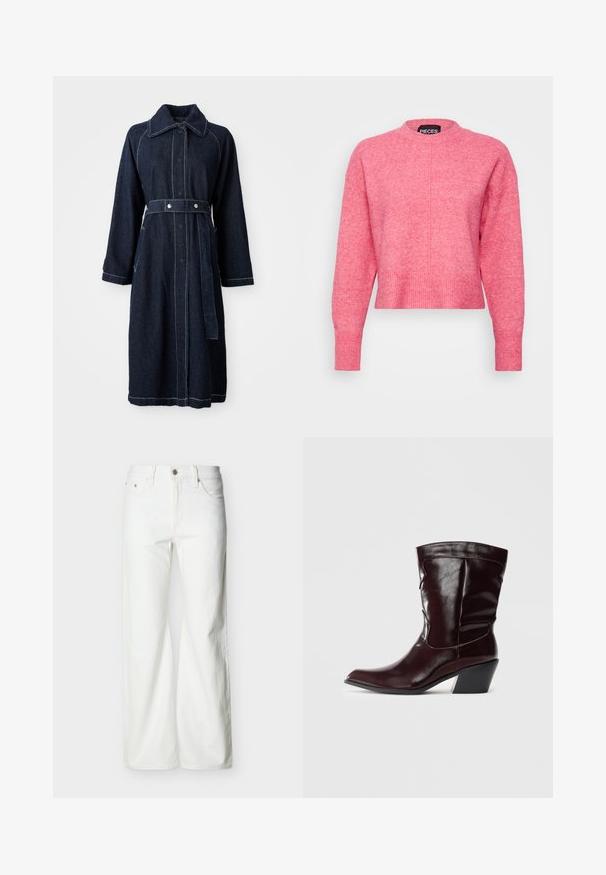Dunkelblauer Jeansmantel mit Kragen, langen Ärmeln und tailliertem Schnitt. Mit kontrastierender weißer Naht und seitlichen Taschen.; Rosa, kurz geschnittenes Sweatshirt mit Rundhalsausschnitt, langen Ärmeln, gerippten Bündchen und Saum, präsentiert eine leicht strukturierte Oberfläche. Markenlabel sichtbar.; Weiße Jeans mit hohem Bund und geradem Bein, vorne mit Knopf- und Reißverschluss sowie seitlichen und hinteren Taschen, vor einem schlichten hellen Hintergrund.; Bordeauxfarbene Leder-Stiefeletten mit spitzem Schnitt, strukturierten Oberflächen und einem schmalen, niedrigen Absatz. Verfügen über dezente Nähte und einen engen Sitz.