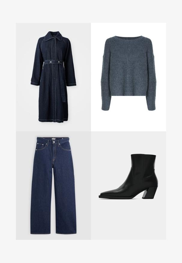 Tmavomodrý denimový kabát s golierom, dlhými rukávmi a opaskom v páse. Obsahuje kontrastné biele švy a bočné vrecká.; Weekday IVY - Svetrík - dark grey; Tmavomodré džíny s širokými nohavicami a vysokým pásom, s piatimi vreckami, pútkami na opasok a detailami z medi. Hladká textúra.; Čierna kožená členková topánka s špicatou špičkou, elegantným siluetou a masívnym štvorecovým podpätkom. Hladký povrch s minimálnymi švovými detailmi.