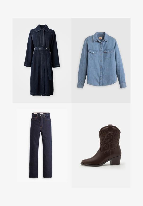 Dunkelblauer Jeansmantel mit Kragen, langen Ärmeln und tailliertem Schnitt. Mit kontrastierender weißer Naht und seitlichen Taschen.; Hellblaues Jeanshemd mit langen Ärmeln, Knopfleiste vorne, zwei Brusttaschen und klassischem Kragen. Glatte Textur und lockere Passform.; Dunkelblaue gerade geschnittene Denim-Jeans mit fünf Taschen und sichtbaren orangefarbenen Nähten auf einem weißen Hintergrund.; Braune Leder-Cowboy-Stiefel mit spitzen Zehen, geprägten Flügelmotiven, einem mittelhohen Blockabsatz und einer Zuglasche auf der Rückseite.