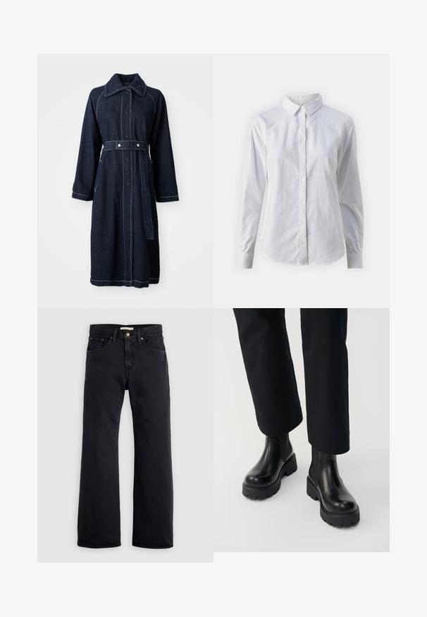 Dunkelblauer Jeansmantel mit Kragen, langen Ärmeln und tailliertem Schnitt. Mit kontrastierender weißer Naht und seitlichen Taschen.; Weißes Hemd mit Knöpfen, aus glattem Baumwollstoff, mit klassischem Kragen, langen Ärmeln und abgerundetem Saum. Die Knöpfe sind klein und weiß.; Schwarze High-Waist-Jeans mit geradem Bein, vorne mit Knopf- und Reißverschluss sowie Fünf-Taschen-Design vor einfachem hellem Hintergrund.; Person trägt schwarze Leder-Stiefeletten mit klobiger Sohle, kombiniert mit schwarzen Straight-Leg-Hosen vor weißem Hintergrund.