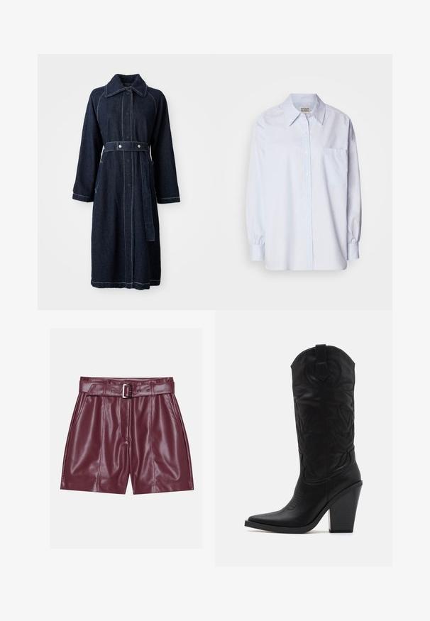 Manteau en denim foncé avec un col, des manches longues et une taille ceinturée. Comprend des coutures blanches contrastantes et des poches latérales.; Chemise boutonnée bleu clair en coton. Dotée d'un col pointu, de manches longues et d'une poche poitrine unique. Texture lisse.; Shorts en simili cuir bordeaux avec une large taille, une ceinture avec une boucle en argent et des plis à l'avant pour une silhouette décontractée.; Simmi London DANIQUE - Bottes à talons hauts - black