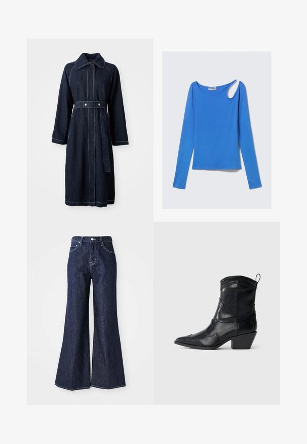 Mørk denimfrakke med krave, lange ærmer og belted talje. Har kontrasterende hvid syning og sidelommer.; Langærmet blå top i blødt stof med unikt skulderudskæring og rund halsudskæring. Rent design, minimalistisk stil.; Mørke denim flared jeans med høj talje, der har knap- og lynlåslukning. Hvide syninger og brede ben skaber en struktureret silhuet.; Sort læder westernstøvle til mid-leggen med spidse tæer, dekorativ syning, trækkrog og stablet blokhæl på neutral baggrund.
