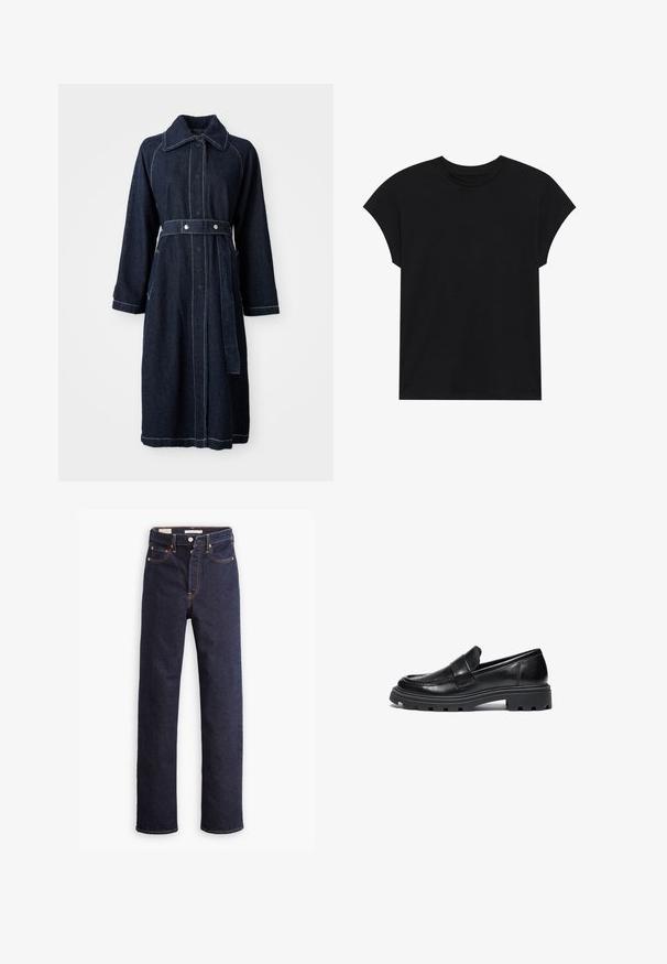 Mørk denimfrakke med krave, lange ærmer og belted talje. Har kontrasterende hvid syning og sidelommer.; Sort bomulds T-shirt med rund halsudskæring, korte ærmer og en afslappet pasform. Glat tekstur uden synlige mønstre eller udsmykninger.; Mørkeblå straight-leg denim jeans med fem lommer og synlig orange syning på hvid baggrund.; Sorte læder loafers med rund tå, syede detaljer og en kraftig gummisål med et tekstureret trækmønster.