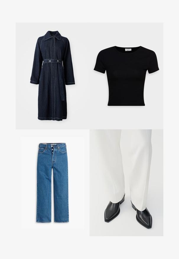Dunkelblauer Jeansmantel mit Kragen, langen Ärmeln und tailliertem Schnitt. Mit kontrastierender weißer Naht und seitlichen Taschen.; Schwarz, kurzärmliges T-Shirt aus glattem Baumwollstoff, mit rundem Ausschnitt und figurbetontem Schnitt. Minimalistisch ohne sichtbare Muster.; Blaue Denim-Jeans mit geradem Bein, hoher Taille, fünf Taschen und Knopfverschluss. Auffällige Nähte und Nieten in Kupferfarbe.; Schwarze spitz zulaufende Stiefeletten aus glattem Leder mit flachen Blockabsätzen, kombiniert mit weißen, weiten Hosen. Schlichtes und modernes Design.