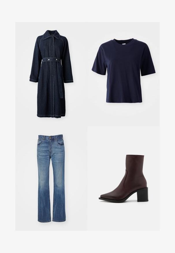Mørk denimfrakke med krave, lange ærmer og belted talje. Har kontrasterende hvid syning og sidelommer.; Mørkeblå bomulds T-shirt med korte ærmer, rund halsudskæring, afslappet pasform og glat tekstur. Ingen synlige mønstre eller detaljer.; Flares blå denim jeans med en medium vask, der har høj talje, bæltestropper og forlommer. Glat tekstur med minimal slid.; Zign by Zalando LEATHER - Støvletter - bordeaux