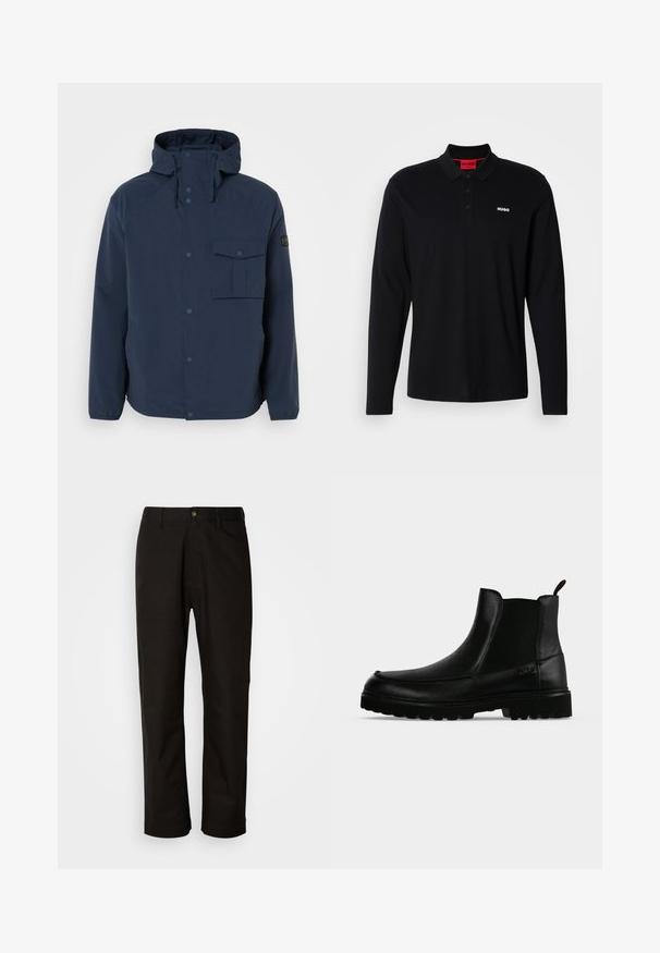 Marineblauwe jas met een capuchon, knopen aan de voorkant, zijzakken en een borstzak. Gemaakt van een glad, duurzaam materiaal met een comfortabele pasvorm.; Zwarte lange mouwen polo shirt van katoen, met een rode kraag en een drieknoopsluiting, voorzien van een wit "HUGO" logo op de borst.; Zwarte katoenen broek met een rechte snit, riemlussen, een ritssluiting aan de voorkant en een enkele knoopsluiting. Soepele textuur zonder zichtbare patronen.; Zwarte leren enkellaars met een gestructureerde zool, elastische zijpanelen en een trekriempje op een lichtgrijze achtergrond.