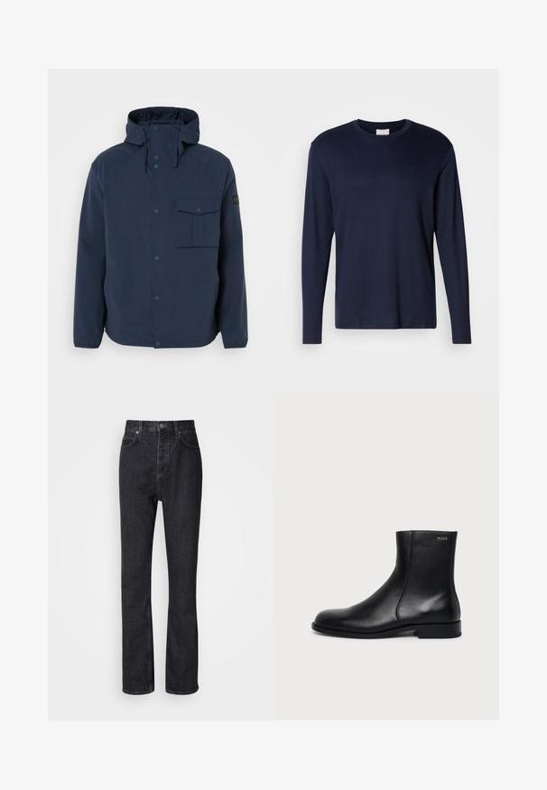 Marineblauwe jas met een capuchon, knopen aan de voorkant, zijzakken en een borstzak. Gemaakt van een glad, duurzaam materiaal met een comfortabele pasvorm.; Navyblauwe lange mouw T-shirt van zacht katoen. Heeft een ronde halslijn en een klein logo op de borst. Soepele textuur, klassieke pasvorm.; Hoge taille zwarte denim jeans met een knoop- en ritssluiting, voor- en achterzakken en een rechte pasvorm.; Zwarte leren enkellaars met lage hak, zijstiksels en klein "HUGO" logo op de bovenste boord tegen een effen achtergrond.