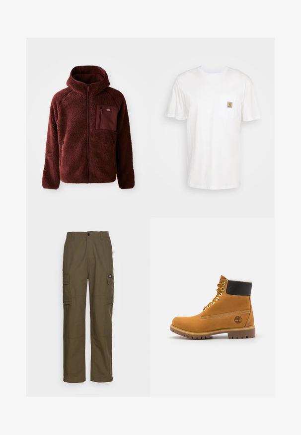 Bordeaux fleecejakke med lynlås foran, hætte, sidelommer og brystlomme. Tekstureret, blødt materiale med en let oversized pasform.; Hvid bomulds T-shirt med korte ærmer, en brystlomme, og et lille firkantet logo patch i orange og hvid på lommen.; Cargo bukser i olivengrøn, lavet af slidstærkt stof. Har to sidelommer, en standard talje og en lige ben design.; Brune læder ankelstøvle med metaløjer, hvid pelsforing, sort polstret krave, robust sål og præget logo på siden.