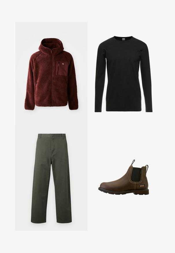 Chaqueta de forro polar burdeos con cremallera frontal, capucha, bolsillos laterales y bolsillo en el pecho. Material texturizado y suave con un ajuste ligeramente holgado.; Urban Classics STRETCH TERRY - Camiseta de manga larga - black; Pantalones de algodón verdes con un diseño de pierna recta, cierre frontal de botón y bolsillos laterales. Textura suave, estilo simple y sin patrones visibles.; Bota de trabajo marrón de cuero tipo slip-on con paneles laterales elásticos, lengüetas para tirar, suela resistente y etiqueta "Ariat Work" en el talón.