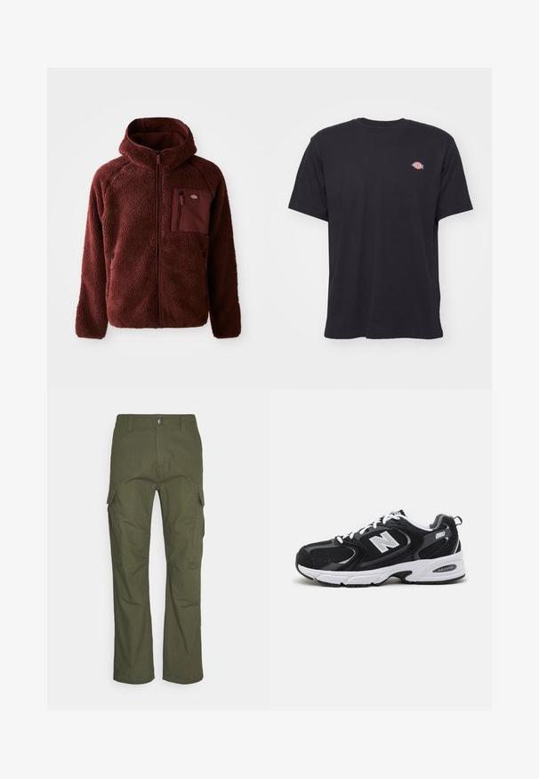 Burgunderfarbene Fleecejacke mit Reißverschluss vorne, Kapuze, seitlichen Taschen und Brusttasche. Strukturierter, weicher Stoff mit einem leicht übergroßen Schnitt.; Schwarzes T-Shirt mit kurzen Ärmeln und Rundhalsausschnitt, mit kleinem buntem Dickies-Logo auf der linken Brust vor einfarbigem Hintergrund.; Cargo-Hosen in dunkelolivgrün mit mehreren Seitentaschen, geradem Schnitt und einem strapazierfähigen Stoff mit strukturierter Oberfläche.; Schwarze und graue Sportschuhe mit Obermaterial aus Mesh und Wildleder, ausgestattet mit einer weißen Zwischensohle, Schnürsenkeln und einem markanten "N"-Logo an der Seite.