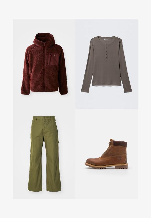 Bordeaux fleecejakke med lynlås foran, hætte, sidelommer og brystlomme. Tekstureret, blødt materiale med en let oversized pasform.; Grå henley-shirt med lange ærmer, fem knapper og rund halsudskæring, vist på en ensartet hvid baggrund.; Oliven grønne bukser med bred ben, lavet af slidstærkt stof, med knaplukning, sidelommer og lige kantdesign.; Brun læder vandrestøvle med en glat finish, polstret ankel, metalliske snørehuller og en gummisål med et robust dækmønster.