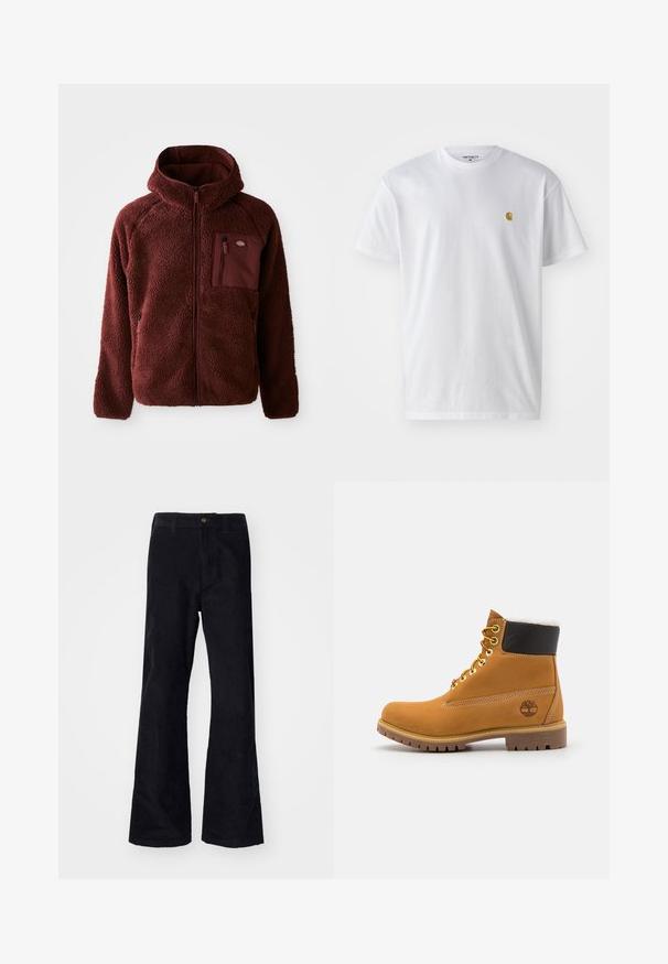 Chaqueta de forro polar burdeos con cremallera frontal, capucha, bolsillos laterales y bolsillo en el pecho. Material texturizado y suave con un ajuste ligeramente holgado.; Camiseta de algodón blanca con mangas cortas, cuello redondo, que presenta un pequeño logo dorado en la parte izquierda del pecho. Textura suave y corte regular.; Pantalones de algodón negros acampanados con una cinturilla tradicional, un solo botón frontal y bolsillos a los lados y en la parte posterior. Textura suave.; Botín de cuero marrón con ojales de metal, forro de piel sintética blanca, cuello acolchado negro, suela resistente y logotipo en relieve en el costado.