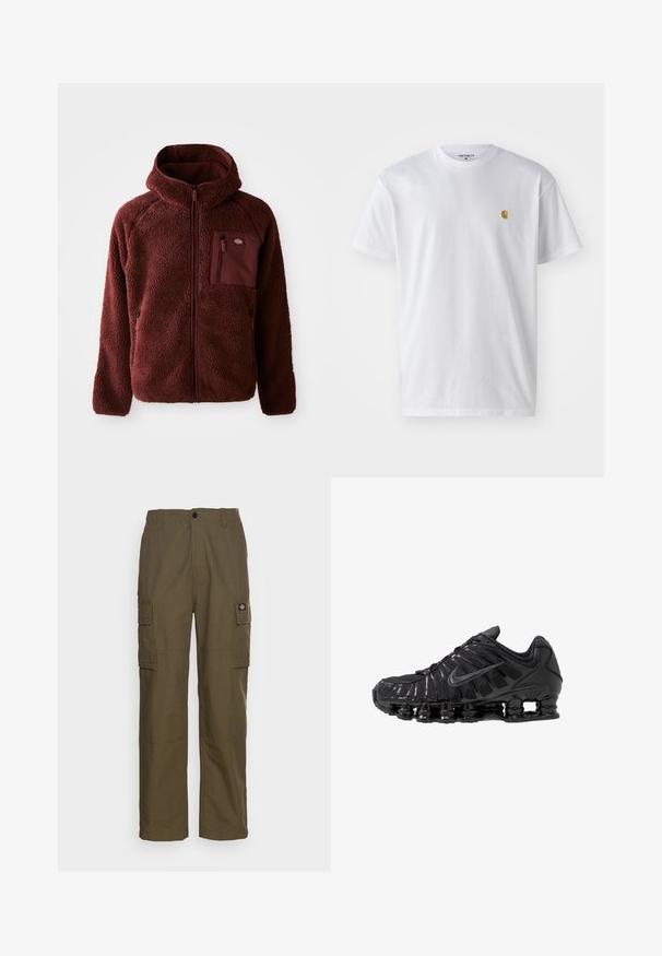 Bordeaux fleece jack met rits aan de voorkant, een capuchon, zijzakken en een borstzak. Getextureerd, zacht materiaal met een licht oversized pasvorm.; Witte katoenen t-shirt met korte mouwen en ronde hals, voorzien van een klein gouden logo op de linkerkant van de borst. Zachte textuur en een normale pasvorm.; Olijfgroene cargobroek, gemaakt van duurzaam stof. Beschikt over twee zijzakken, een standaard taille en een rechte pijp.; Zwarte sportschoenen gemaakt van mesh en synthetische materialen, met een opvallend golvend ontwerp, zwarte rubberen zool en reflecterende accenten.