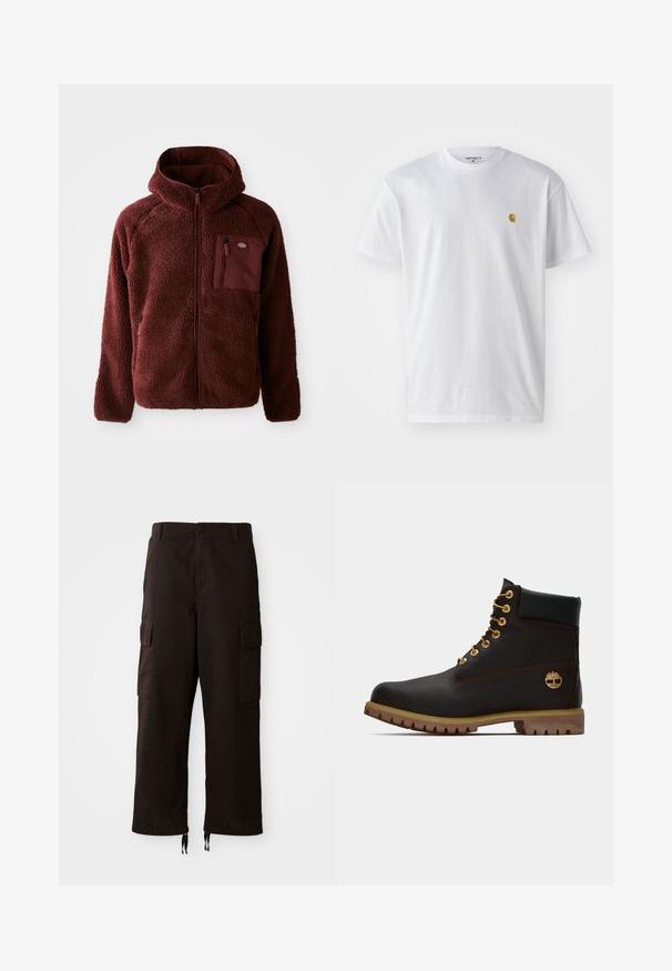 Burgunderfarbene Fleecejacke mit Reißverschluss vorne, Kapuze, seitlichen Taschen und Brusttasche. Strukturierter, weicher Stoff mit einem leicht übergroßen Schnitt.; Weißes Baumwoll-T-Shirt mit kurzen Ärmeln, Rundhalsausschnitt, mit einem kleinen goldenen Logo im linken Brustbereich. Weicher Stoff und normale Passform.; Schwarze Cargo-Hosen mit lockerer Passform, ausgestattet mit zwei seitlichen Taschen, einem Knopfverschluss und verstellbaren Kordeln am Saum.; Schwarze Leder-Ankle-Boots mit goldenen Ösen, braunen Akzenten und einer Gummisohle. Verfügt über einen gepolsterten Schaft und ein geprägtes Logo an der Seite.