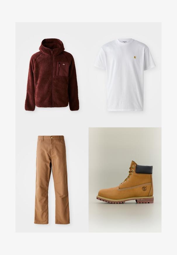 Chaqueta de forro polar burdeos con cremallera frontal, capucha, bolsillos laterales y bolsillo en el pecho. Material texturizado y suave con un ajuste ligeramente holgado.; Camiseta de algodón blanca con mangas cortas, cuello redondo, que presenta un pequeño logo dorado en la parte izquierda del pecho. Textura suave y corte regular.; Pantalones rectos marrones con pasadores para cinturón, bolsillos frontales, cierre de botón y cremallera sobre un fondo blanco.; Bota de tobillo de cuero marrón con cuello negro, cordones amarillos y suela beige. Presenta un logotipo y detalles de costura blanca. Suela exterior con tracción robusta.