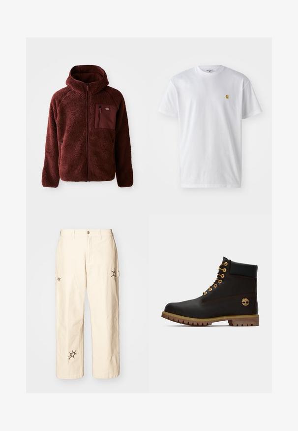 Bordeaux fleecejakke med lynlås foran, hætte, sidelommer og brystlomme. Tekstureret, blødt materiale med en let oversized pasform.; Hvid bomulds t-shirt med korte ærmer, rund hals og et lille guld logo på venstre brystområde. Blød tekstur og almindelig pasform.; Obey Clothing BIG TIMER CARPENTER - Cargobukser - clay; Sorte læder ankelstøvle med gyldne øjer, brune detaljer og gummisål. Har en polstret krave og præget logo på siden.