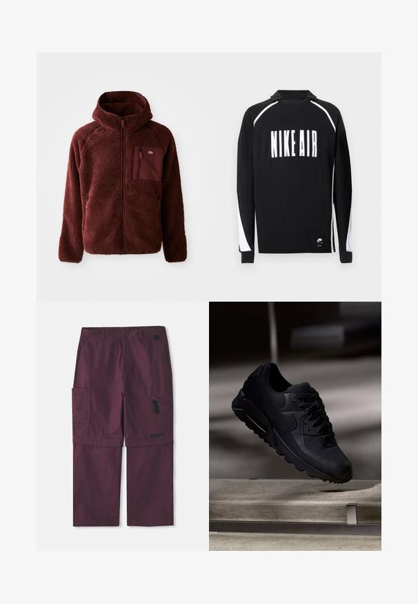 Bordeaux fleecejakke med lynlås foran, hætte, sidelommer og brystlomme. Tekstureret, blødt materiale med en let oversized pasform.; Langærmet sort skjorte med hvid "NIKE AIR" skrift, kontrasterende hvide panelindlæg på ærmerne, lavet af blødt stof.; Bordeaux cargo konvertible bukser med sidelomme med lynlås og Timberland-logo på højre ben, forlænget skridtlængde vist.; Sorte Nike Air Max 90 sneakers med en tekstureret mesh-overdel, glatte læderdetaljer, polstret krave og synlig luftstød i sålen.