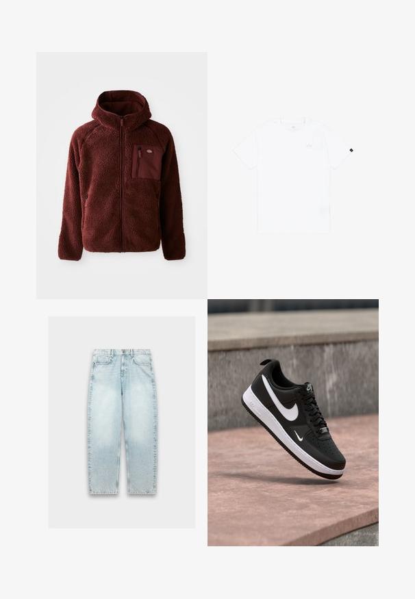 Bordeaux fleecejakke med lynlås foran, hætte, sidelommer og brystlomme. Tekstureret, blødt materiale med en let oversized pasform.; Hvid bomulds T-shirt med korte ærmer, rund halsudskæring og et lille gråt logo trykt på venstre bryst. Etiketten er placeret nederst til venstre.; Lyseblå denimjeans med løs pasform, lige ben, falmet tekstur, fem-lomme design og metalknaplukning i taljen.; Sort-hvid Nike Air Force 1 sneaker svævende over en lyserød betonflade med en grå stenbaggrund.