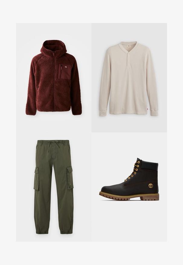 Bordeaux fleecejakke med lynlås foran, hætte, sidelommer og brystlomme. Tekstureret, blødt materiale med en let oversized pasform.; Langærmet henley-skjorte i lys beige ribbet stof, med V-hals, tre-knap placket og manchetter ved ærmerne. Rød logo-tags ved kanten.; Olivengrøn cargo bukser lavet af letvægtsstof. Elastisk talje med snor, to sidelommer og to cargolommer på lårene.; Sorte læder ankelstøvle med gyldne øjer, brune detaljer og gummisål. Har en polstret krave og præget logo på siden.