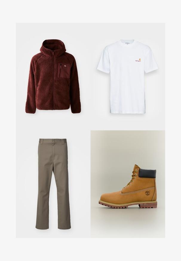 Burgunderfarbene Fleecejacke mit Reißverschluss vorne, Kapuze, seitlichen Taschen und Brusttasche. Strukturierter, weicher Stoff mit einem leicht übergroßen Schnitt.; Weißes Baumwoll-T-Shirt mit kurzen Ärmeln. Entworfen mit einem kleinen orangefarbenen und kastanienbraunen Logo auf der linken Brust. Verfügt über einen klassischen Rundhalsausschnitt.; Braune gerade geschnittene Hosen mit Gürtelschlaufen, Reißverschluss vorne und ohne sichtbare Taschen, auf einem weißen Hintergrund präsentiert.; Brauner Leder-Stiefelette mit schwarzem Kragen, gelben Schnürsenkeln und hellbrauner Sohle. Verfügt über ein Logo und weiße Ziernähe. Robuste Profilsohle.