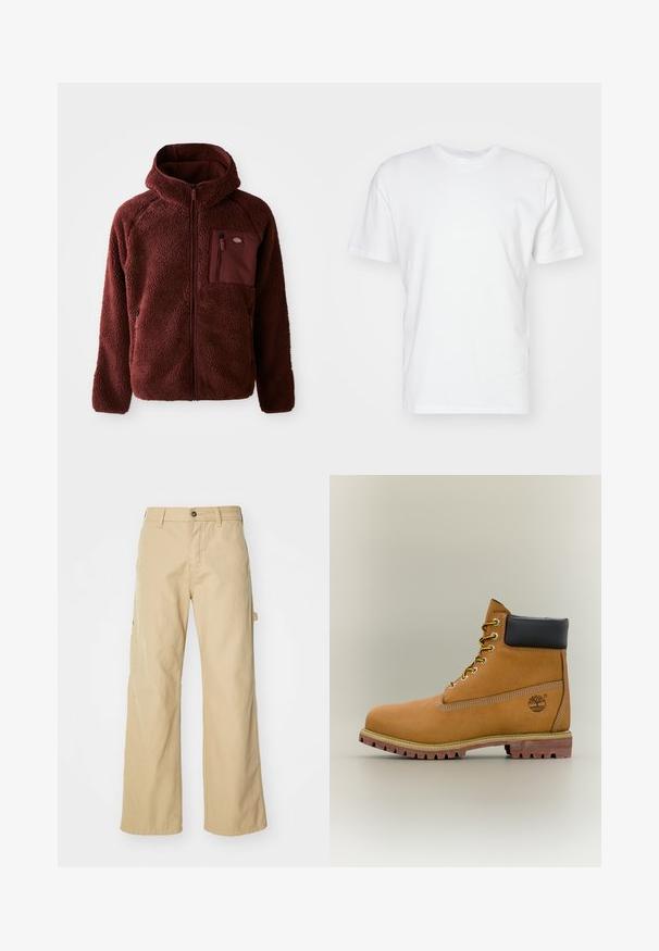 Burgunderfarbene Fleecejacke mit Reißverschluss vorne, Kapuze, seitlichen Taschen und Brusttasche. Strukturierter, weicher Stoff mit einem leicht übergroßen Schnitt.; Weißes Baumwoll-T-Shirt mit kurzen Ärmeln, Rundhalsausschnitt und glatter Textur. Einfaches Design ohne Muster oder Grafiken.; Beigeweite Cargo-Hosen mit Knopfverschluss, ausgestattet mit Seitentaschen, aus strapazierfähigem Baumwollstoff, mit glatter Textur und geradem Schnitt.; Brauner Leder-Stiefelette mit schwarzem Kragen, gelben Schnürsenkeln und hellbrauner Sohle. Verfügt über ein Logo und weiße Ziernähe. Robuste Profilsohle.
