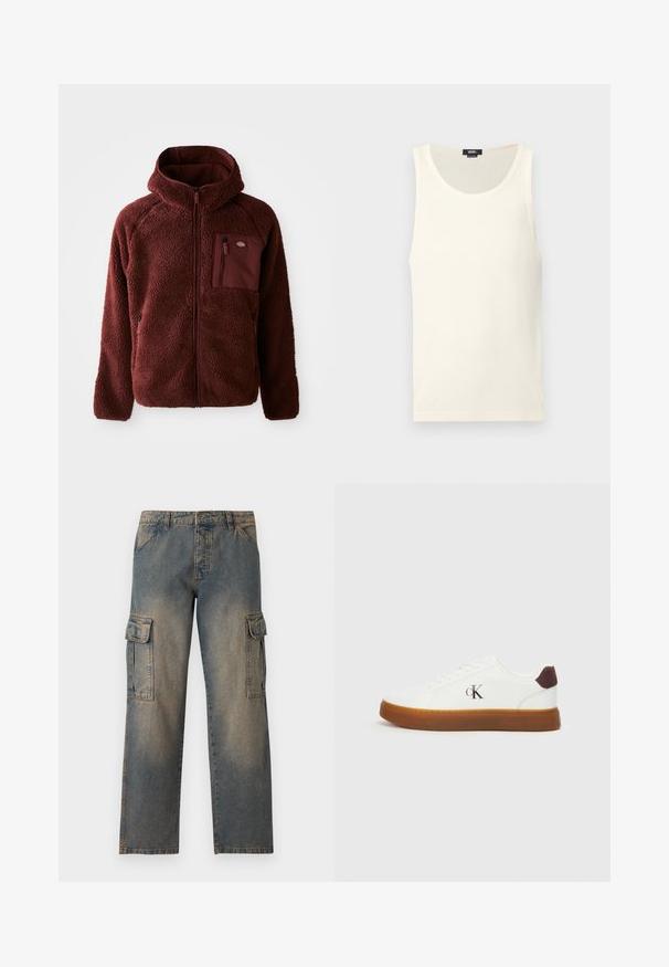 Burgunderfarbene Fleecejacke mit Reißverschluss vorne, Kapuze, seitlichen Taschen und Brusttasche. Strukturierter, weicher Stoff mit einem leicht übergroßen Schnitt.; Weißes Baumwoll-Trägershirt mit einer gerippten Textur, rundem Ausschnitt und ohne Ärmel. Verfügt über ein kleines Logotag unten links.; Denim-Cargo-Hosen in einem verblassten Blauton, lockerer Schnitt, zwei große Seitentaschen, genähte Nähte und ein klassisches Taillenband-Design.; Weiße Sneaker mit einer Gummisohle, flachen Schnürsenkeln und einem braunen Wildleder-Heel-Akzent. Mit einem dezenten, geprägten "cK"-Logo an der Seite.