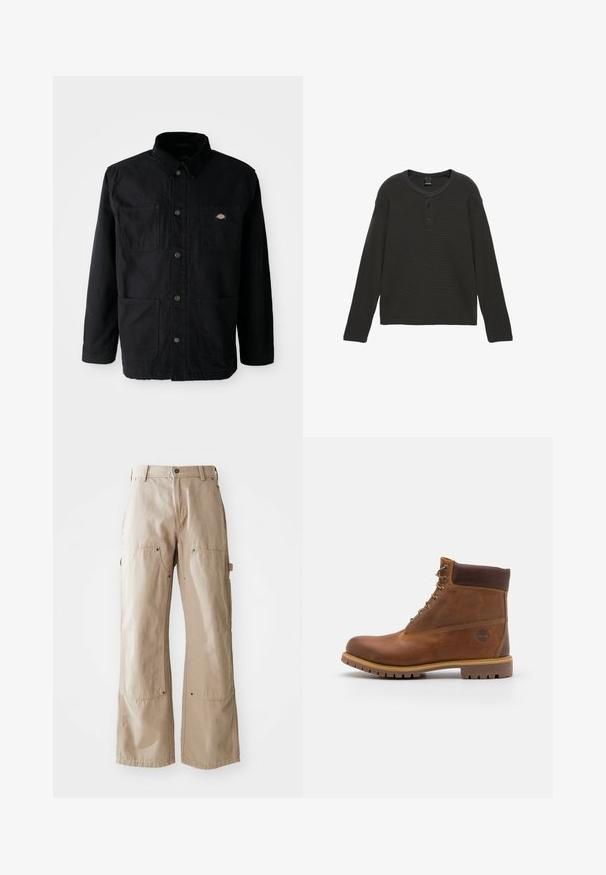 Zwarte button-up jack met vier voorzakken, corduroy kraag en klein merklogo patch op de bovenkant van de rechter borstzak.; Donkergrijs langermig wafelkatoenen shirt met ronde hals en drieknopsluiting aan de voorkant, plat gelegd op een witte achtergrond.; Beige wijde broek van stevige katoen. Heeft voor- en zijzakken, zichtbare stiksels en metalen accenten op de zakken.; Bruine leren wandelschoen met een gladde afwerking, gevoerde enkel, metalen oogjes en een rubberen zool met een robuust profiel.