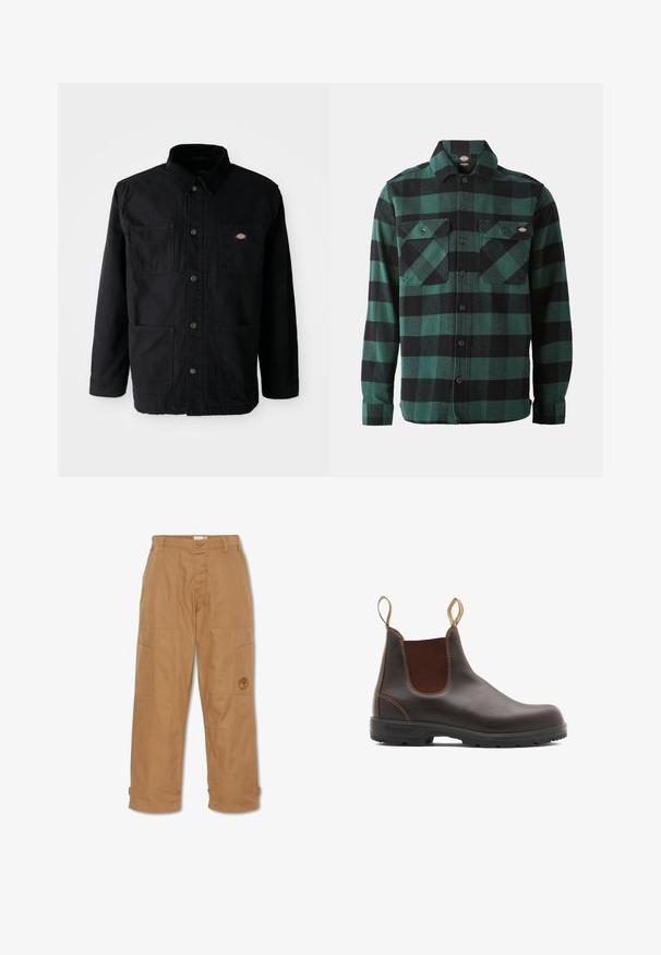 Chaqueta negra de botonadura con cuatro bolsillos frontales, cuello de pana y pequeño parche del logotipo de la marca en el bolsillo superior derecho.; Camisa de franela a cuadros verdes y negros, con mangas largas, cierre de botones en la parte frontal, dos bolsillos en el pecho y cuello clásico. Textura suave, diseño versátil.; Pantalones de trabajo color caqui, hechos de una tela resistente, cuentan con múltiples bolsillos, un cierre de botón y un logo bordado en el muslo.; Botas Chelsea de cuero marrón con paneles laterales elásticos y tiradores. Parte superior texturizada, suela de goma duradera y detalle de costura en contraste.