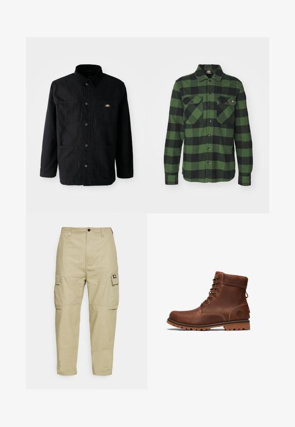 Chaqueta negra de botonadura con cuatro bolsillos frontales, cuello de pana y pequeño parche del logotipo de la marca en el bolsillo superior derecho.; Camisa de franela a cuadros verde y negra con dos bolsillos en el pecho, cierre de botones, mangas largas y cuello puntiagudo. Textura suave.; Pantalones cargo beige hechos de una tela duradera, con dos bolsillos laterales, cierre de botón y piernas ajustadas con una textura suave.; Botín de cuero marrón hasta el tobillo con diseño de cordones, cuello acolchado, costuras en contraste y suela de goma con un patrón de textura.