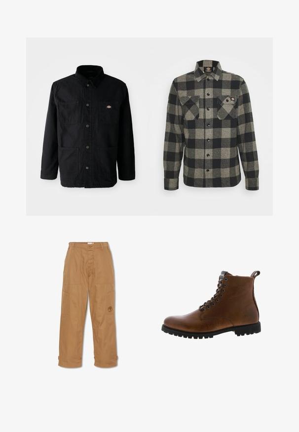 Zwarte button-up jack met vier voorzakken, corduroy kraag en klein merklogo patch op de bovenkant van de rechter borstzak.; Zwart en grijs geblokt flanellen shirt met lange mouwen, knoopsluiting aan de voorkant, twee borstzakken en een licht gebogen zoom. Gegarneerde stof.; Khaki werkbroek, gemaakt van duurzaam materiaal, heeft meerdere zakken, een knoopsluiting en een geborduurd logo op de dij.; Bruine leren enkelbotten met een gestructureerde afwerking, metalen oogjes en een zwarte rubberen profielzool. Voorzien van een trekband aan de achterkant voor gemakkelijke instap.