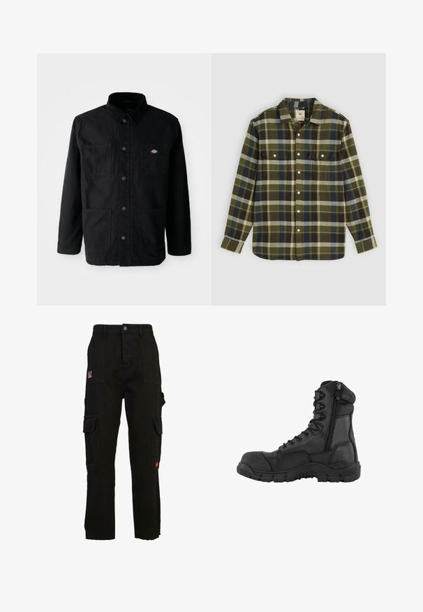 Zwarte button-up jack met vier voorzakken, corduroy kraag en klein merklogo patch op de bovenkant van de rechter borstzak.; Groene geruite flanellen overhemd met lange mouwen, voorzien van twee borstzakken en witte knopen. Materiaal heeft een zachte textuur en een casual ontwerp.; Zwarte cargobroek van katoen, met meerdere zijzakken, een relaxte pasvorm en een rafelige zoom. Rode logo-accent op de voorzak.; Zwarte tactische laars met een hoge enkeldesign, leren bovenkant, voorbescherming met veters, zijrits, versterkte neus en robuuste rubberen zool.