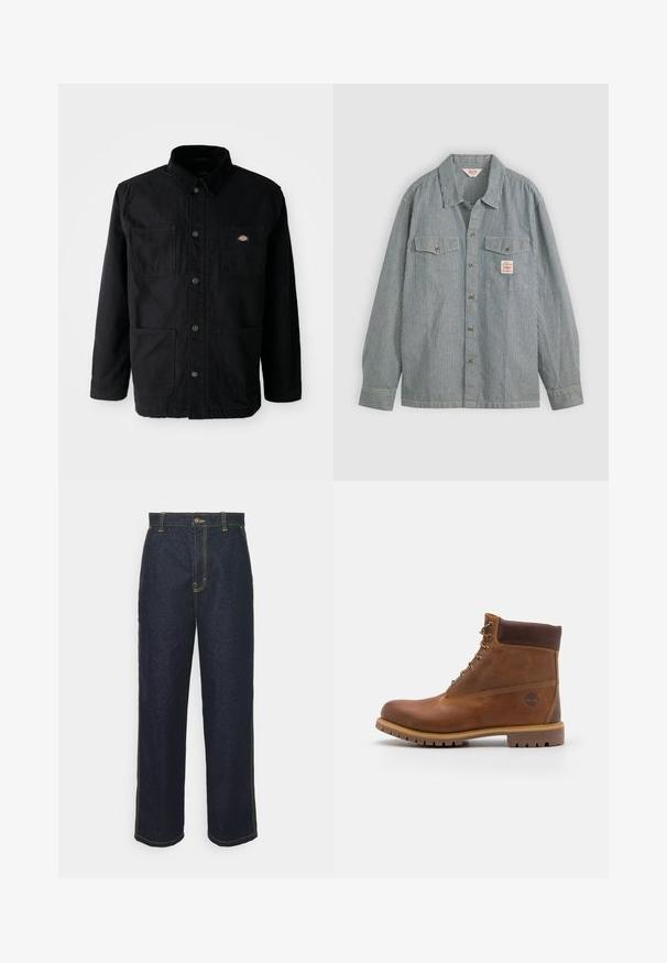 Chaqueta negra de botonadura con cuatro bolsillos frontales, cuello de pana y pequeño parche del logotipo de la marca en el bolsillo superior derecho.; Camisa de botones a rayas en azul y blanco, con cuello, dos bolsillos en el pecho y una pequeña etiqueta. Hecha de un tejido ligero.; Jeans de mezclilla oscuros de pierna ancha con costuras amarillas, que cuentan con un cierre frontal de botón y bolsillos laterales. Textura suave y diseño tradicional.; Botas de senderismo de cuero marrón con un acabado suave, tobillo acolchado, ojales de metal y suela de goma con un patrón de tracción robusto.