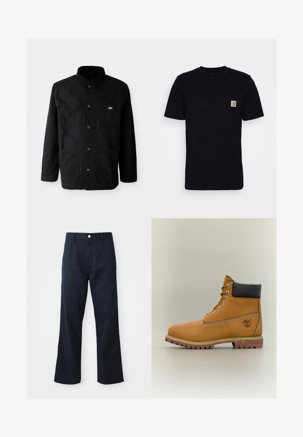 Zwarte button-up jack met vier voorzakken, corduroy kraag en klein merklogo patch op de bovenkant van de rechter borstzak.; Zwarte katoenen t-shirt met korte mouwen, ronde hals en een borstzak met een klein, vierkant logo patch. Eenvoudig, stevig ontwerp.; Marineblauwe katoenen broeken met een rechte pijpenontwerp, voorzien van een rits en knoopsluiting, en voorzakken. Soepele textuur en nette afwerking.; Bruine leren enkellaars met zwarte kraag, gele veters en een zandkleurige zool. Voorzien van een logo en witte stikseldetails. Robuuste loopzool met grip.