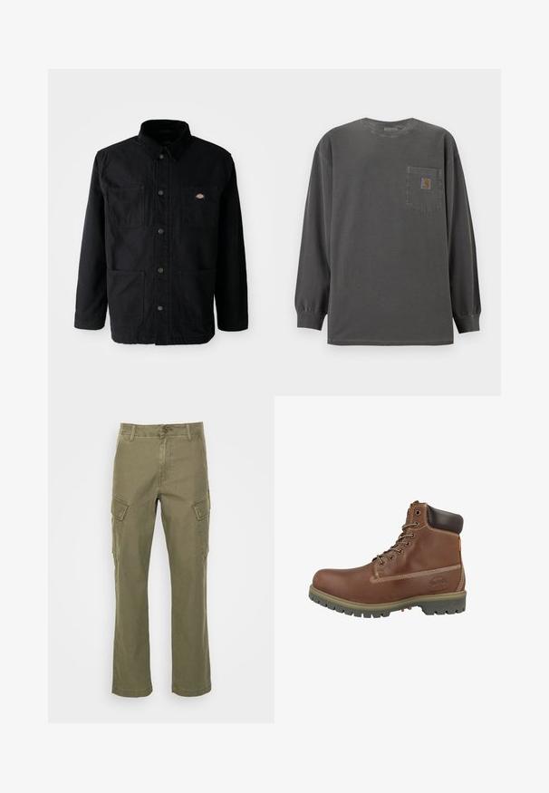 Zwarte button-up jack met vier voorzakken, corduroy kraag en klein merklogo patch op de bovenkant van de rechter borstzak.; Donkergrijze lange mouwen shirt met ronde hals en een borstzakje met een klein Carhartt-logo op het zakje.; Olijfgroene cargobroek van katoen. Kenmerken zijn onder andere twee zijzakken en een recht model. Glad textuur met zichtbare stiksels.; Bruine leren enkellaars met een afgeronde neus, gevoerde kraag, witte stiksels en een rubberen buitenzool met een gripprofiel.