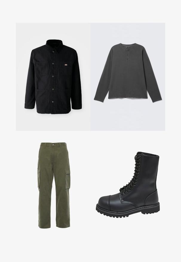 Schwarze Knopfjacke mit vier vorderen Taschen, Cordkragen und kleinem Markenlogo-Patch auf der oberen rechten Brusttasche.; Dunkelgraues Langarm-Henley-Shirt mit rundem Ausschnitt und drei Knöpfen an der vorderen Blende.; Cargo-Hosen in olivgrün, aus Baumwolle, mit geradem Bein, seitlichen Taschen und einer Reißverschlusstasche am linken Bein.; Schwarze Lederkampfstiefel mit hohem Schaft, Schnürung an der Vorderseite, gepolstertem Kragen und rutschfester, strukturierter Sohle für guten Halt. Mit verstärkter Zehenkappe.