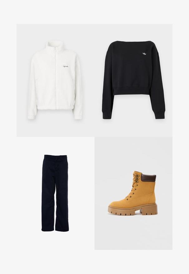 Chaqueta de forro polar blanca con cremallera y un alto cuello, que presenta una textura suave y un logo bordado en el lado izquierdo del pecho. Ligera y con un corte ancho.; Sudadera negra recortada de manga larga con puños y dobladillo acanalados, con un pequeño logo blanco de Adidas trefoil en el pecho superior izquierdo.; Pantalones de algodón azul marino con un diseño de pierna recta, que cuentan con una cintura y presillas para cinturón, sin bolsillos visibles ni patrones.; Botín de ante amarillo con cuello de cuero marrón, seis ojetes dorados y suela gruesa beige con ranuras para tracción.