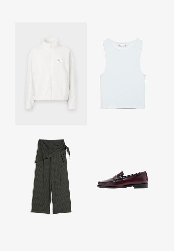 Biela fleecová bunda na zips s vysokým golierom, s hladkou textúrou a vyšívaným logom na ľavom prsníku. Ľahká a voľná fit.; Biely bezrukávový crop top s okrúhlym výstrihom, vyrobený z hladkej látky, označený Pull&Bear, vhodný na bežné nosenie.; Tmavošedé nohavice široké strih s jemným prúžkom, asymetrickým zavinovacím detailom a bočným viazaním v páse.; Tmavohnedý kožený mokasín s prešívaným špičkovým zakončením a detailom popruhu. Minimalistický dizajn s plochou čiernou gumovou podrážkou.